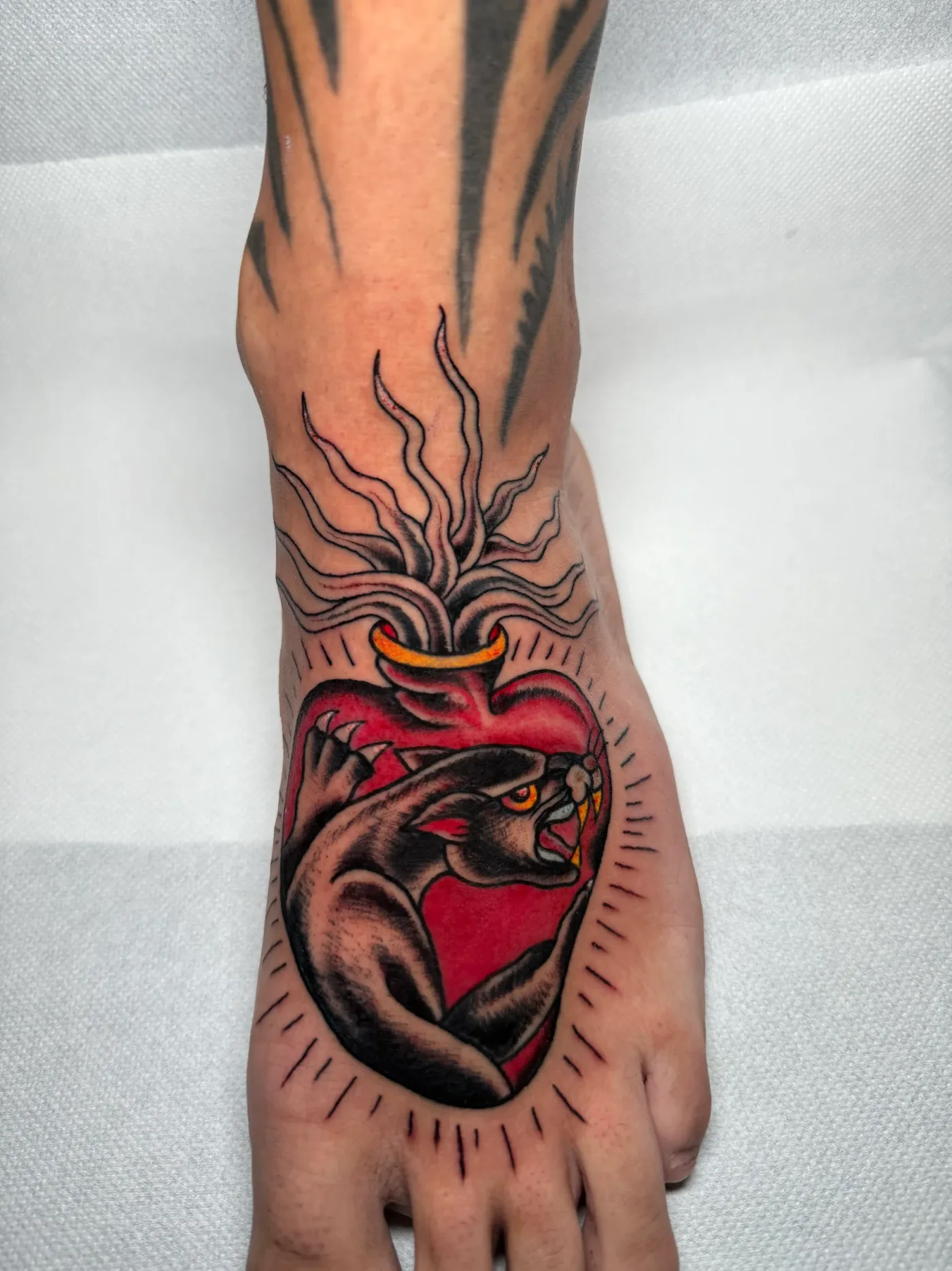 Una pantera dentro un cuore in fiamme, tatuata sul collo del piede.
