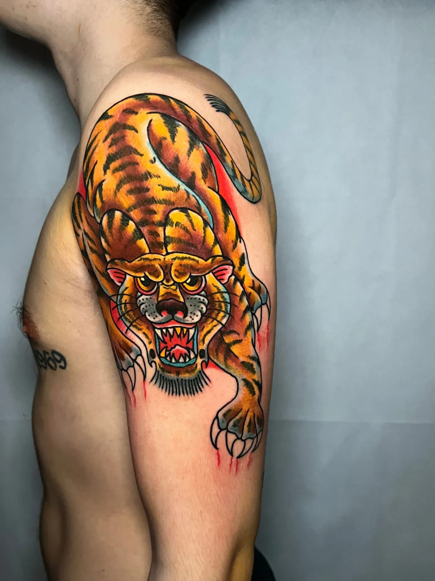 Una tigre gialla a fauci aperte che scende lungo la spalla.